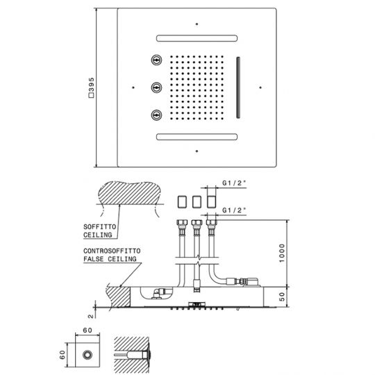 Верхний душ 40х40 см Newform Head Showers 687.21.018 квадратный 3 источника LED подсветка G1/2 схема 2