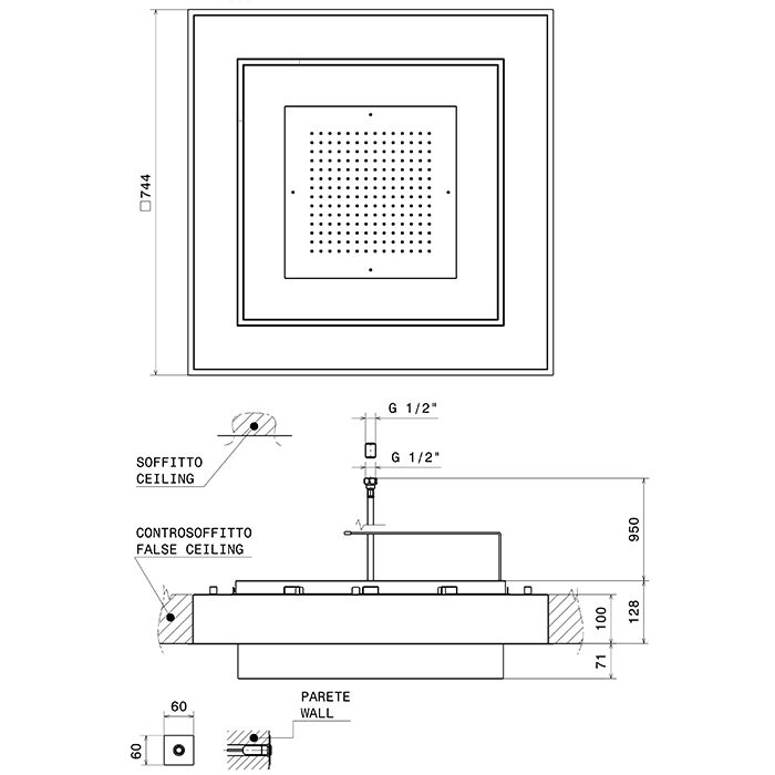 Потолочный верхний душ 74x74 см Newform Head Showers 688 скрытый с хромотерапией ФОТО