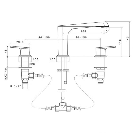 Смеситель для раковины Newform Nio 68900.01.093 3 отверстия схема 2