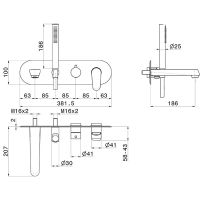 Смеситель для ванны Newform Nio 68972E встраиваемый с изливом и ручным душем внешняя часть схема 4