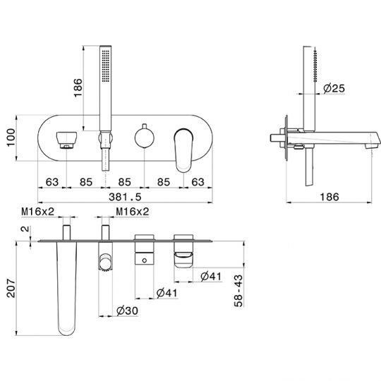 Смеситель для ванны Newform Nio 68972E встраиваемый с изливом и ручным душем внешняя часть схема 4