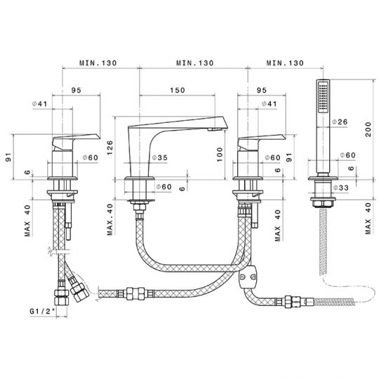 Смеситель на борт ванны Newform Nio 68982C.21.018 с изливом и ручным душем схема 2 Смеситель на борт ванны Newform Nio 68982C.21.018 с изливом и ручным душем схема 2