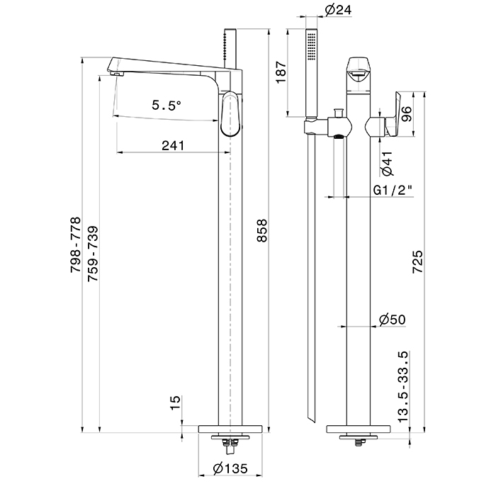 Смеситель напольный для ванны Newform Nio 68984E с ручным душем внешняя часть ФОТО