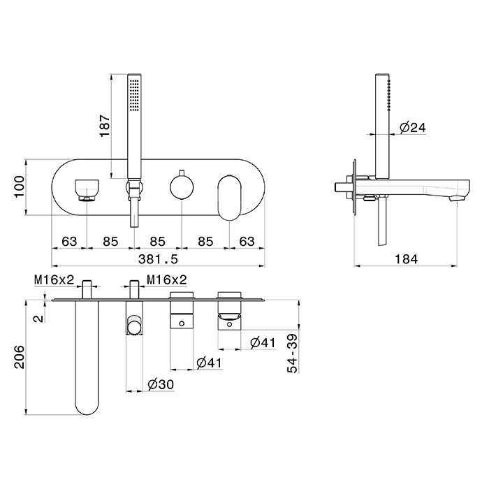 Смеситель встраиваемый для ванны Newform Linfa II 69472E с изливом и ручным душем внешняя часть ФОТО