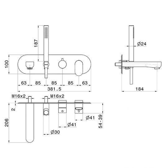 Смеситель встраиваемый для ванны Newform Linfa II 69472E с изливом и ручным душем внешняя часть схема 8