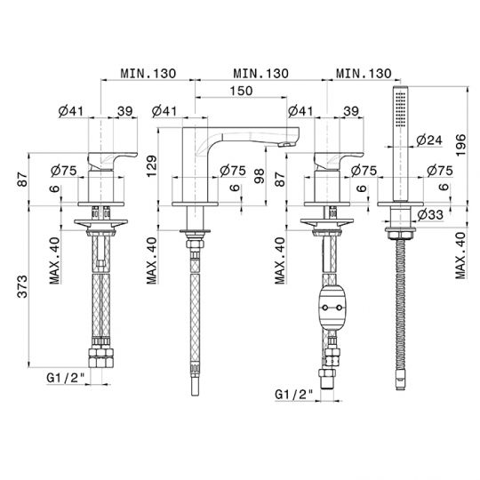 Смеситель на борт ванны Newform Linfa II 69482C 4 отверстия с изливом и ручным душем схема 4 Смеситель на борт ванны Newform Linfa II 69482C 4 отверстия с изливом и ручным душем схема 4