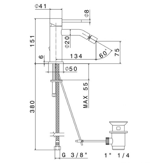 Смеситель для биде на 1 отверстие Newform X-STEEL 316 69623X с донный клапаном излив 13.4 см схема 2