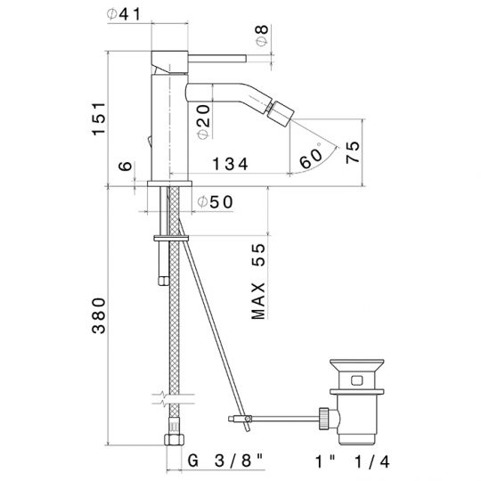 Смеситель для биде на 1 отверстие Newform X-STEEL 316 69623X с донный клапаном излив 13.4 см схема 8