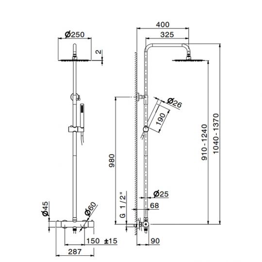 Душевая стойка с термо Newform X-STEEL 316 69650X.50.050 верхний душ 25 см ручной душ шланг 150 см INOX схема 2