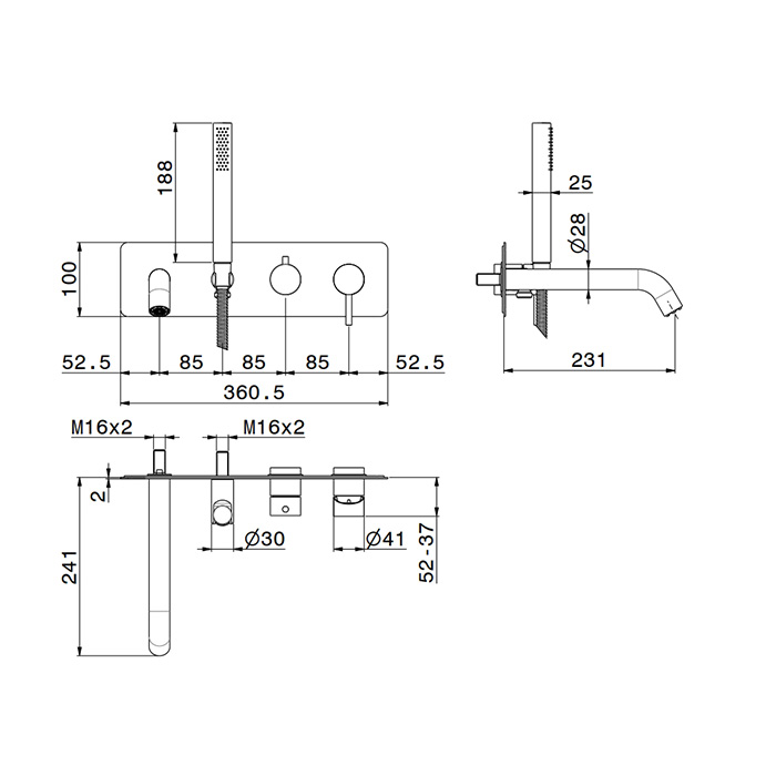 Смеситель для ванны Newform X-STEEL 316 69680EX встраиваемый с ручным душем излив 23.1 см ФОТО