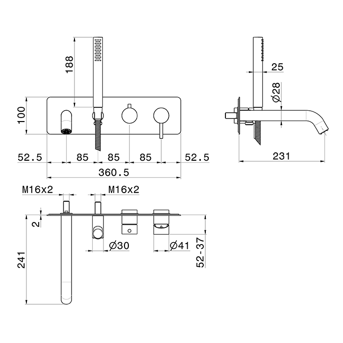 Смеситель для ванны Newform X-STEEL 316 69680EX встраиваемый с ручным душем излив 23.1 см ФОТО