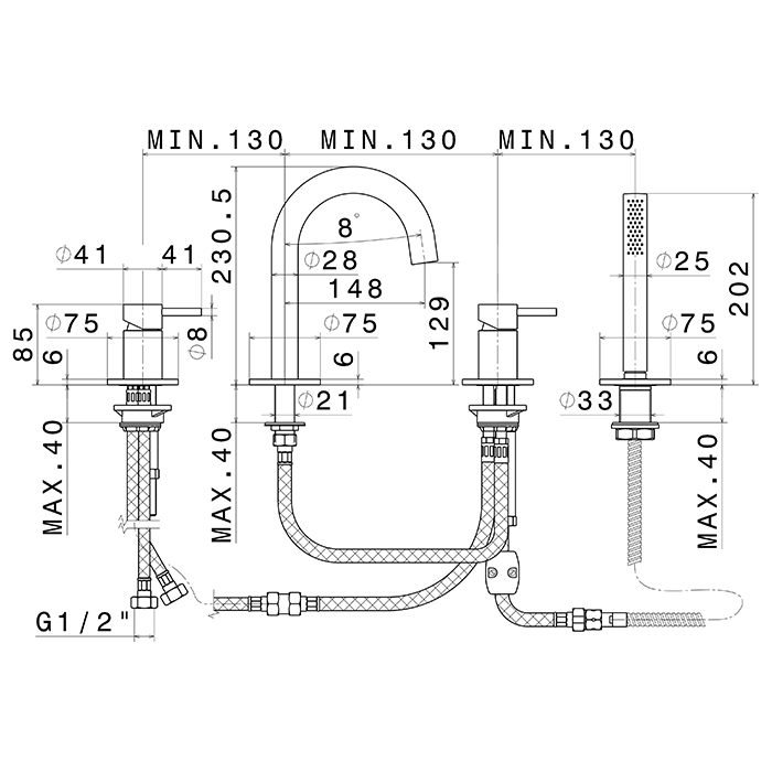 Смеситель для ванны набортный с Newform X-STEEL 316 69682XC в комплекте с ручной лейкой ФОТО