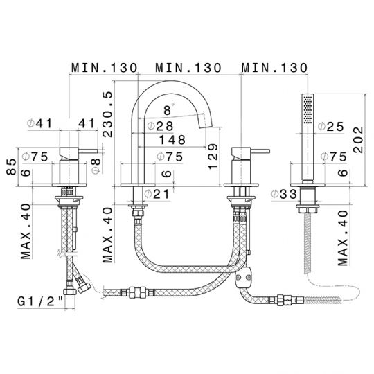 Смеситель для ванны набортный с Newform X-STEEL 316 69682XC в комплекте с ручной лейкой схема 8 Смеситель для ванны набортный с Newform X-STEEL 316 69682XC в комплекте с ручной лейкой схема 8