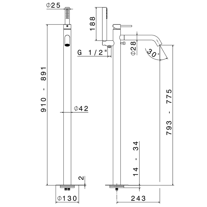 Смеситель для ванны напольный Newform X-STEEL 316 69684EX излив 243 мм без встраиваемой части ФОТО