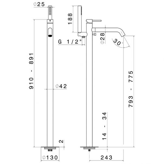 Смеситель для ванны напольный Newform X-STEEL 316 69684EX излив 243 мм без встраиваемой части схема 8