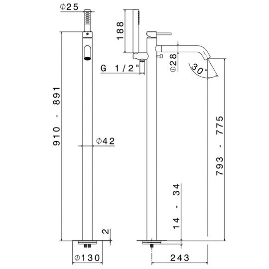Смеситель для ванны напольный Newform X-STEEL 316 69684EX излив 243 мм без встраиваемой части схема 10