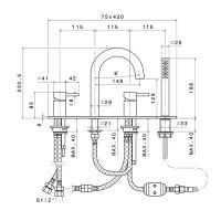 Смеситель на борт ванны Newform X-Steel 316 69689XC.50.050 4 отверстия с изливом и ручным душем схема 2