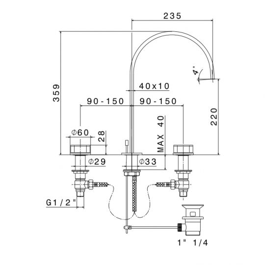 Смеситель для ванны Newform ParkLE 69700 высокий 3 отверстия с донным клапаном схема 4
