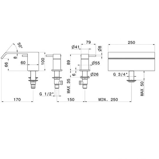 Смеситель на борт ванны Newform Cascate 70032/33 излив каскад схема 2