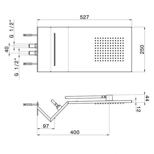 Верхний душ 52x25 см Newform Head Showers 71311 настенный с дождевой и каскадной струей схема 2
