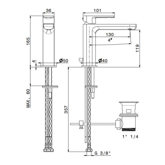 Смеситель для раковины Newform Haka 72010 1 отверстие с донным клапаном схема 8