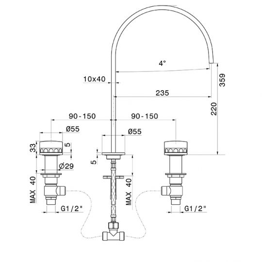 Смеситель для раковины Newform Ionika Allure 73000.59.098 3 отверстия высокий схема 2