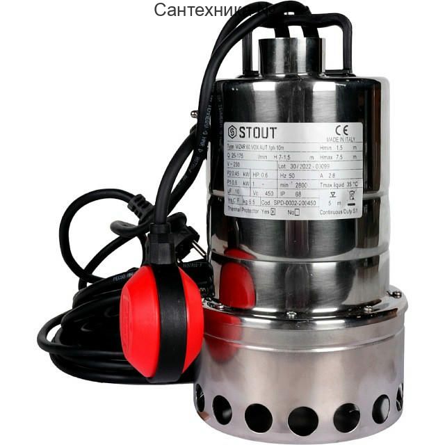 Насос дренажный с поплавком 175/7,1, кабель 10 м STOUT