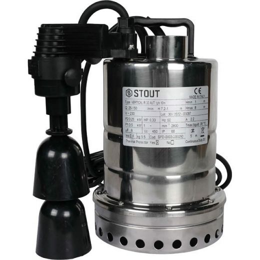 Насос дренажный с вертикальным поплавком 150/7,2, кабель 10 м STOUT