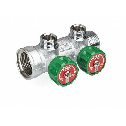 Коллектор регулирующий распределительный 1" (ВР-НР) с 2 отводами 3/4" НР, плоское уплотнение FAR