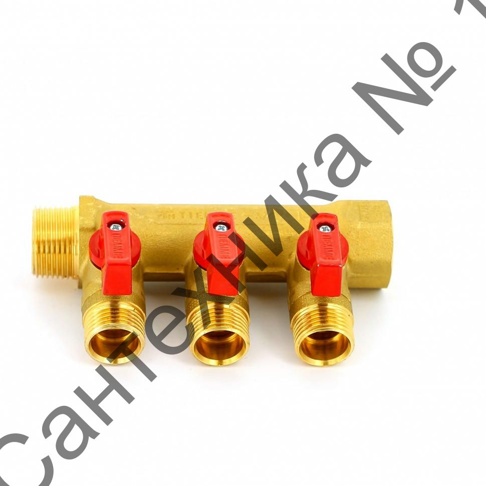 Коллектор распределительный НВ 3/4" с запорными кранами 3 выхода 1/2'Н 36мм Tiemme