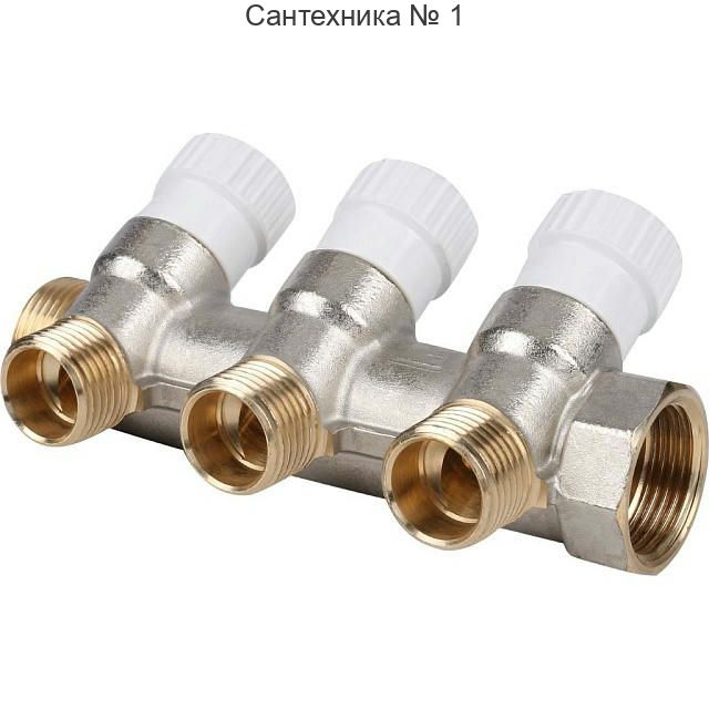 Коллектор распределительный 3/4 на 3 отвода 1/2, никелированный STOUT