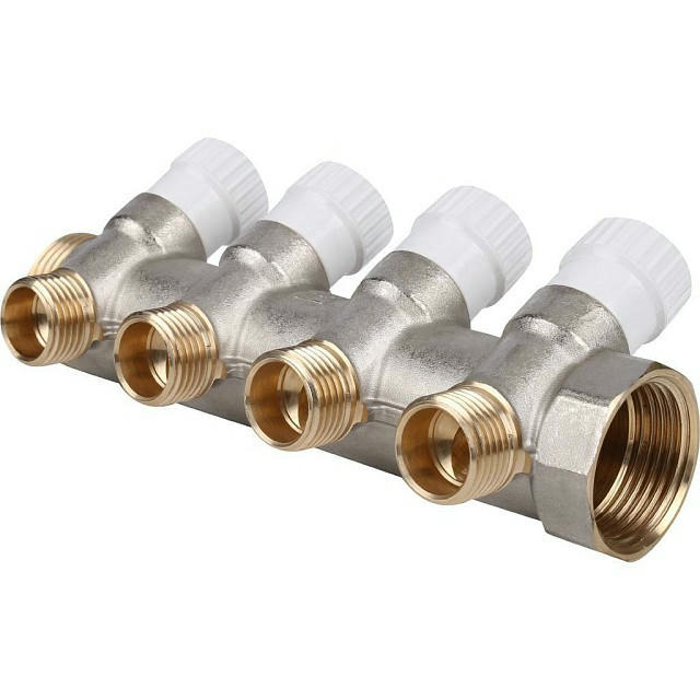 Коллектор распределительный 1 на 4 отвода 1/2, никелированный STOUT