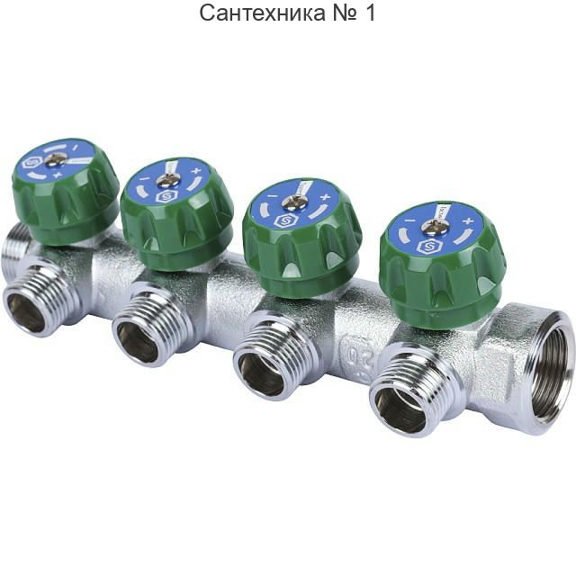 Коллектор регулирующий распределительный 3/4" с 4 отводами 1/2", плоское уплотнение STOUT