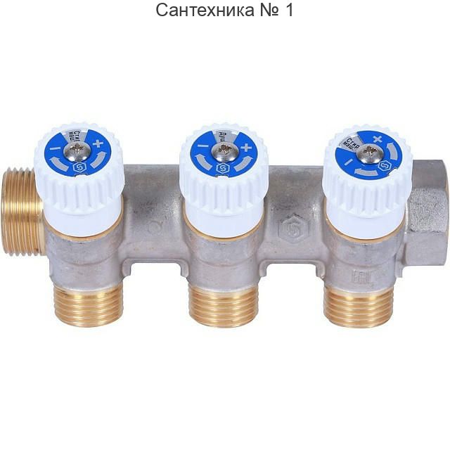 Коллектор распределительный 3/4 с 3 отводами 1/2, плоское уплотнение, никелированный STOUT