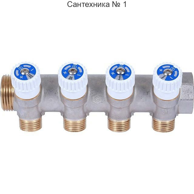 Коллектор распределительный 3/4 с 4 отводами 1/2, плоское уплотнение, никелированный STOUT