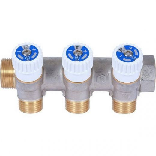 Коллектор распределительный 1 с 3 отводами 1/2, плоское уплотнение, никелированный STOUT