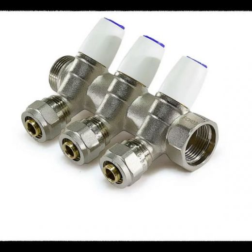 Коллектор регулирующий с вентилями 3/4" на 3 выхода, никелированный TIM