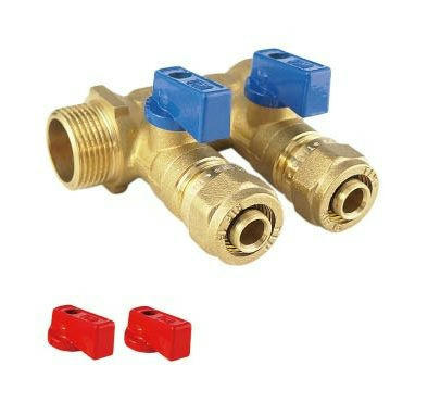 Коллектор распределительный с шаровыми кранами 3/4 с 2 выходами, красные и синие ручки TIM