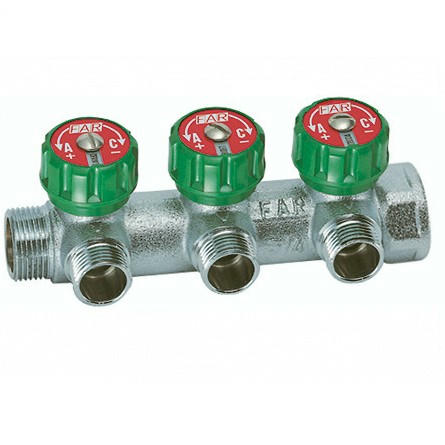 Коллектор регулирующий распределительный 1" (ВР-НР) с 3 отводами 3/4" НР, плоское уплотнение FAR