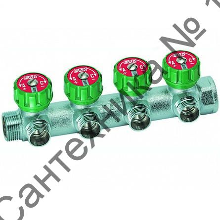 Коллектор регулирующий распределительный 1" (ВР-НР) с 4 отводами 3/4" НР, плоское уплотнение FAR