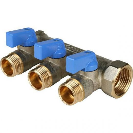 Коллектор распределительный 3/4 с запорными кранами и 3 отводами 1/2, ручки синие STOUT