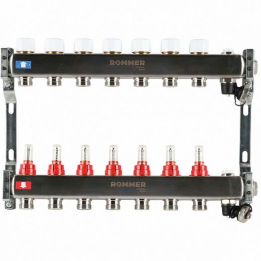 Коллектор из нержавеющей стали с расходомерами, с клапаном выпуска воздуха и сливом 7 выходов ROMMER