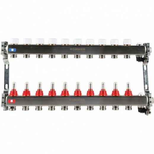 Коллектор из нержавеющей стали с расходомерами, с клапаном выпуска воздуха и сливом 10 выходов ROMMER