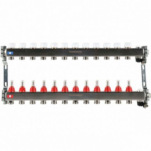 Коллектор из нержавеющей стали с расходомерами, с клапаном выпуска воздуха и сливом 12 выходов ROMMER
