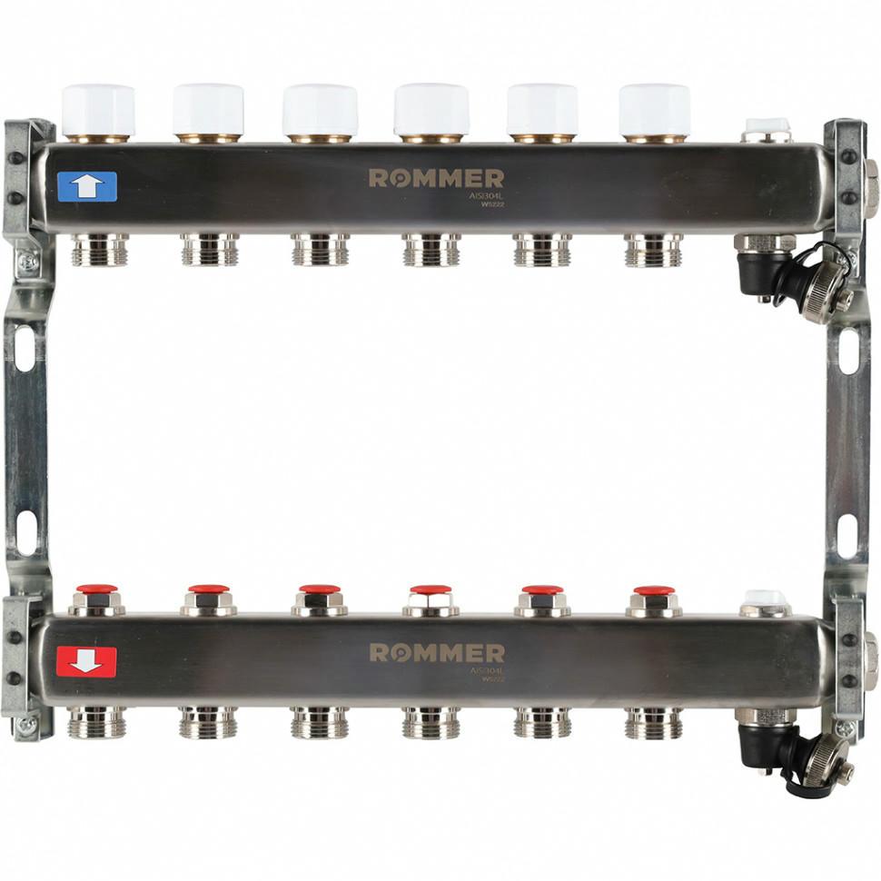 Коллектор из нержавеющей стали без расходомеров, с клапаном выпуска воздуха и сливом 6 выходов ROMMER