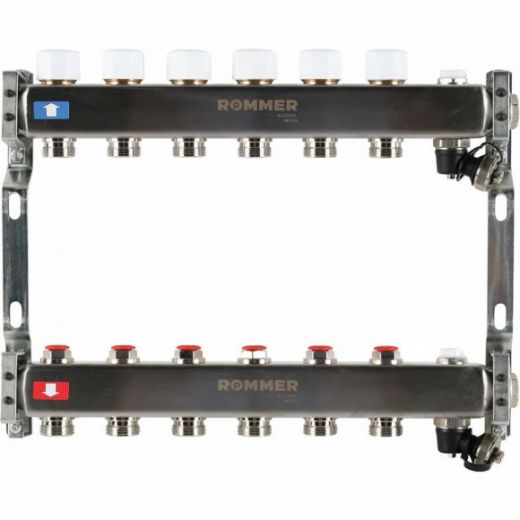 Коллектор из нержавеющей стали без расходомеров, с клапаном выпуска воздуха и сливом 6 выходов ROMMER