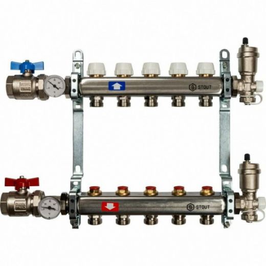 Коллекторная группа в сборе из нержавеющей стали без расходомеров на 5 выходов STOUT