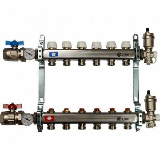 Коллекторная группа в сборе из нержавеющей стали без расходомеров на 6 выходов STOUT