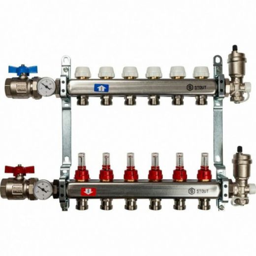 Коллекторная группа в сборе из нержавеющей стали с расходомерами на 6 выходов STOUT