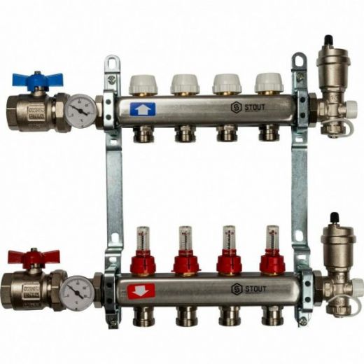 Коллекторная группа в сборе из нержавеющей стали с расходомерами на 4 выхода STOUT